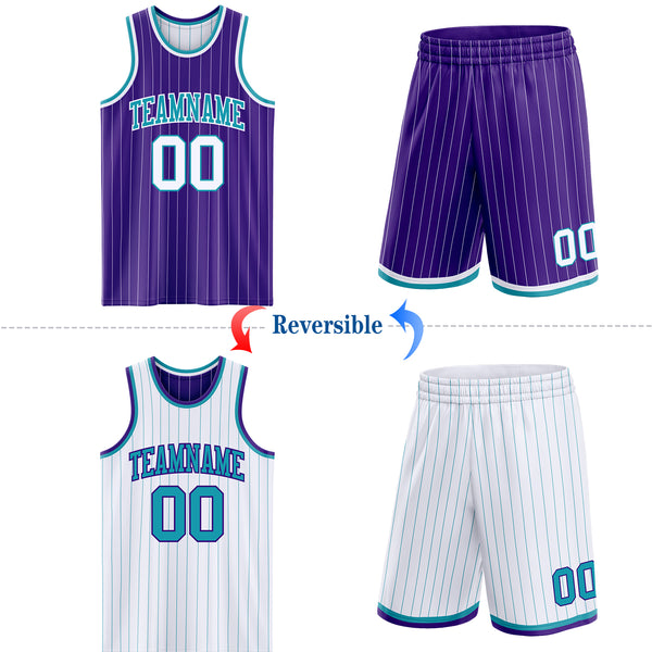 Custom Purple White Pinstripe-Teal Reversible Double Side Sublimation Basketball Set Jersey