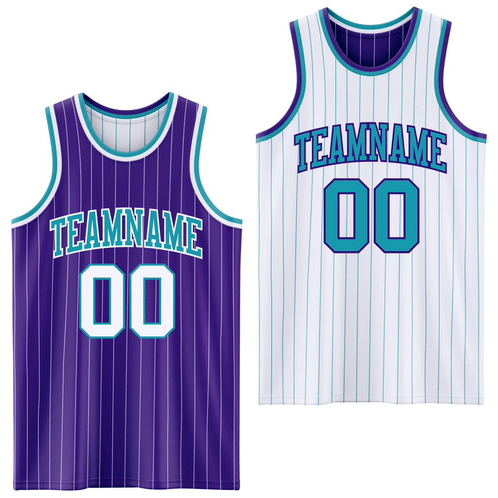 Custom Purple White Pinstripe-Teal Reversible Double Side Sublimation Basketball Set Jersey