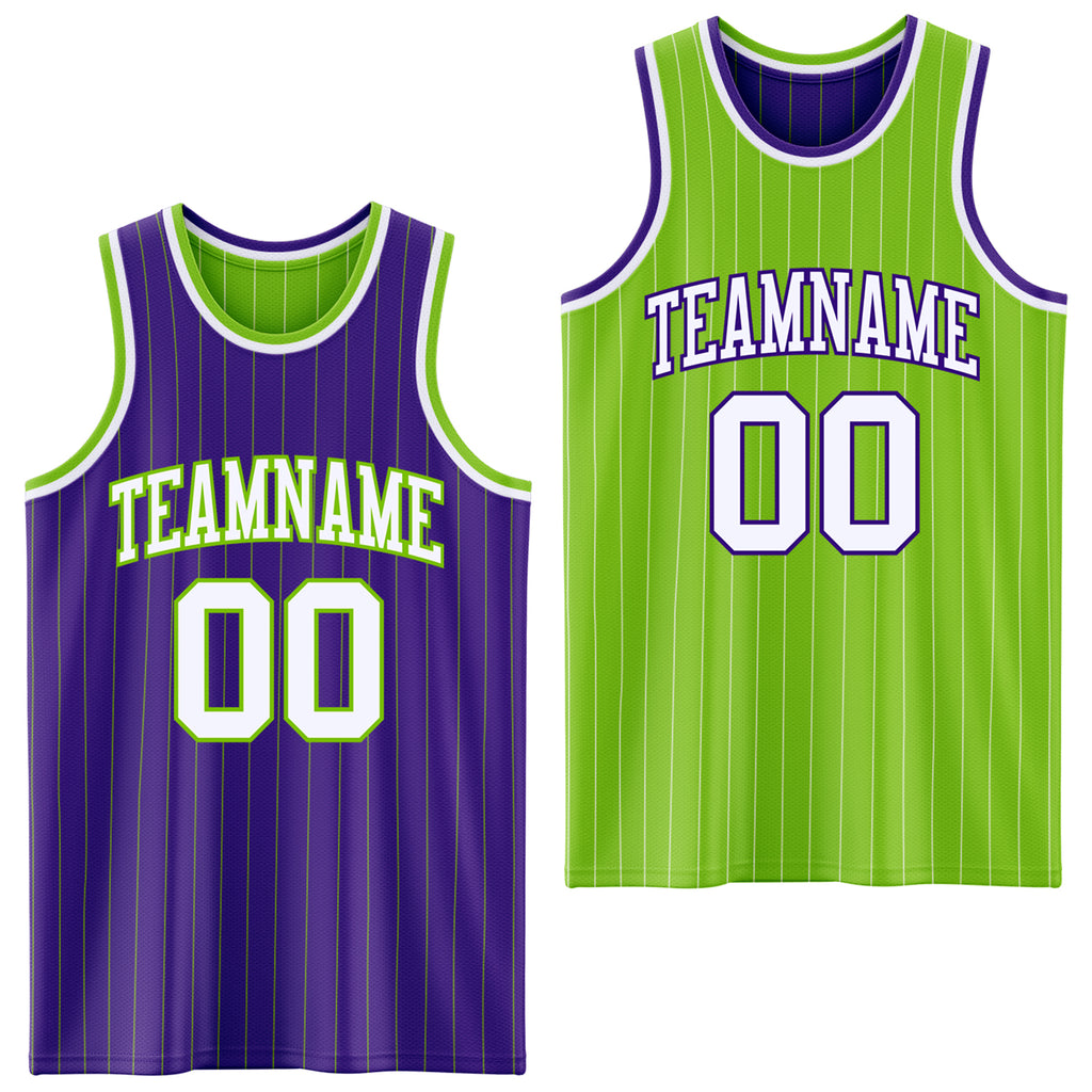 Custom Purple Neon Green Pinstripe-White Reversible Double Side Sublimation Basketball Set Jersey