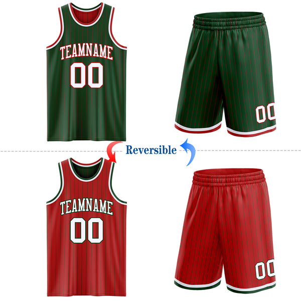 Custom Green Red Pinstripe-White Reversible Double Side Sublimation Basketball Set Jersey