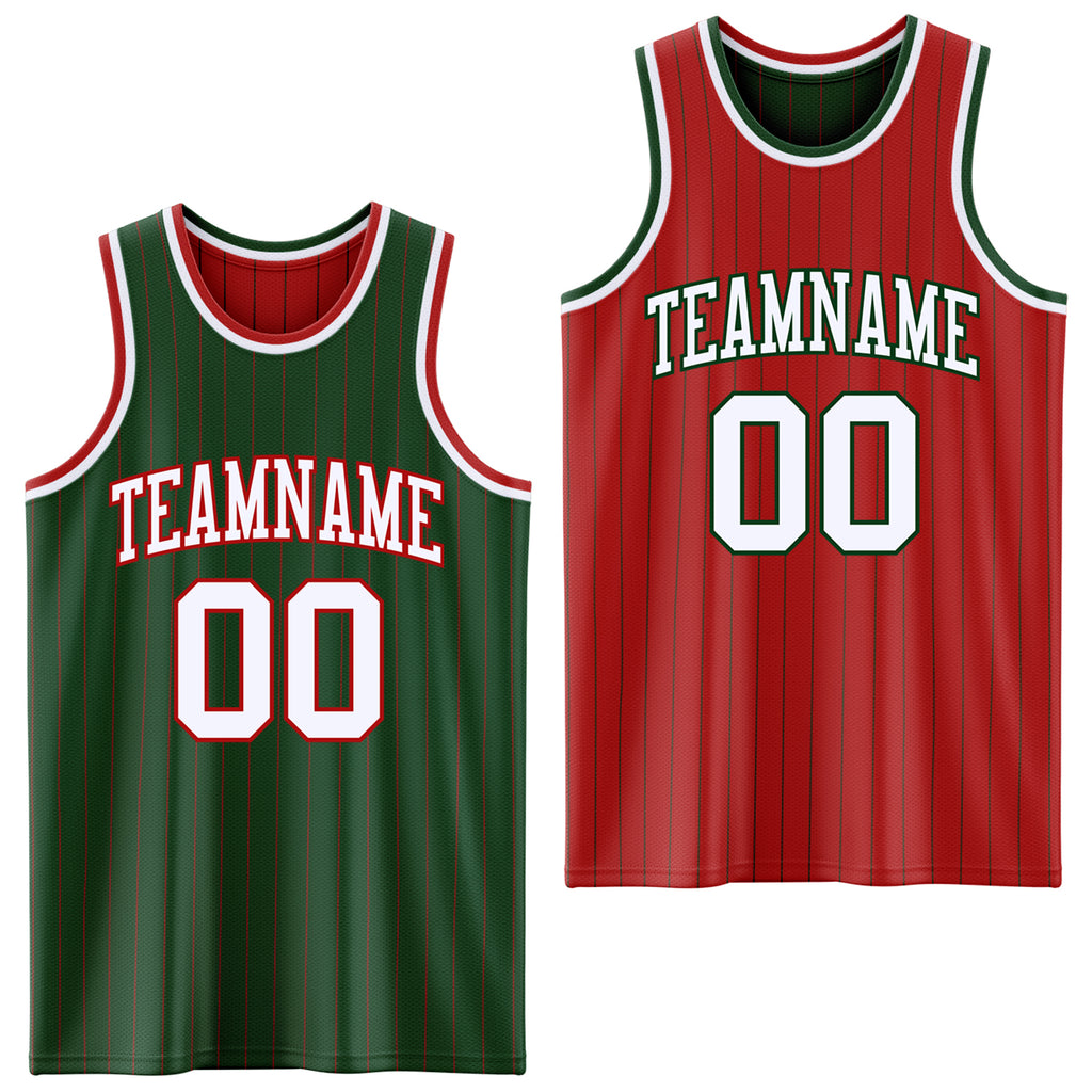 Custom Green Red Pinstripe-White Reversible Double Side Sublimation Basketball Set Jersey