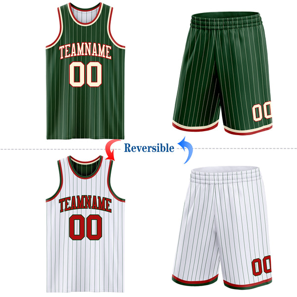 Custom Green Cream & White Green Pinstripe Reversible Double Side Sublimation Basketball Set Jersey