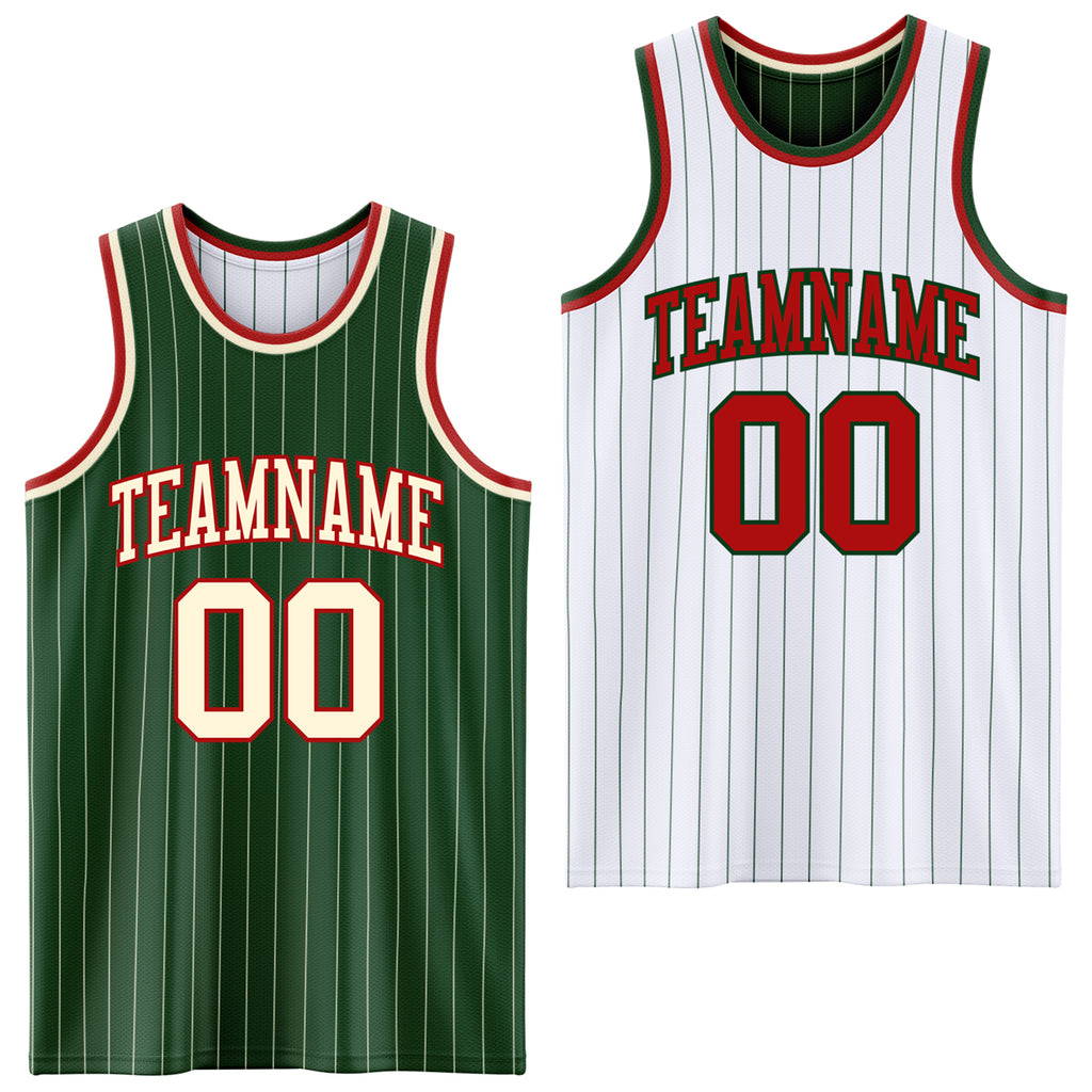 Custom Green Cream & White Green Pinstripe Reversible Double Side Sublimation Basketball Set Jersey