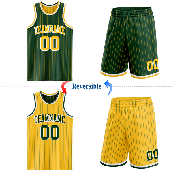 Custom Green Gold Pinstripe-White Reversible Double Side Sublimation Basketball Set Jersey