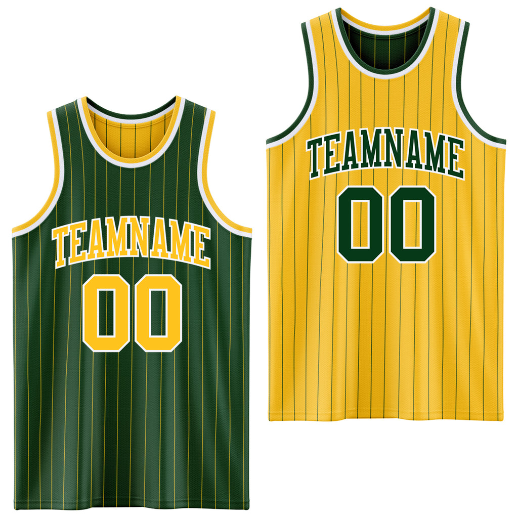 Custom Green Gold Pinstripe-White Reversible Double Side Sublimation Basketball Set Jersey