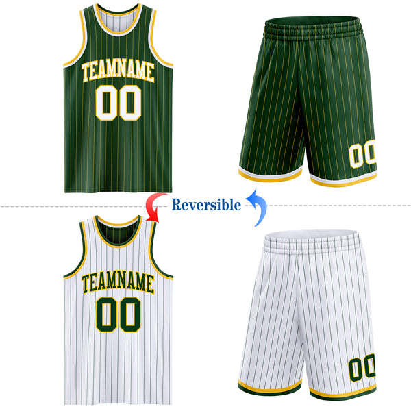 Custom Green Gold Pinstripe-White Reversible Double Side Sublimation Basketball Set Jersey