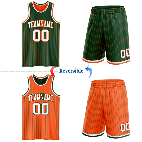 Custom Green Orange Pinstripe-White Reversible Double Side Sublimation Basketball Set Jersey