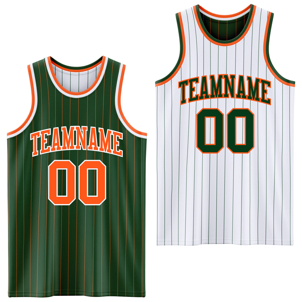 Custom Green Orange Pinstripe-White Reversible Double Side Sublimation Basketball Set Jersey