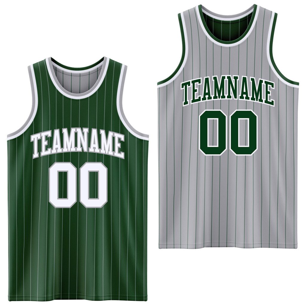 Custom Green Gray Pinstripe-White Reversible Double Side Sublimation Basketball Set Jersey