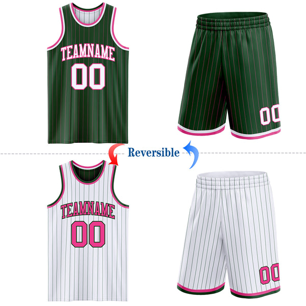 Custom Green Pink Pinstripe-White Reversible Double Side Sublimation Basketball Set Jersey