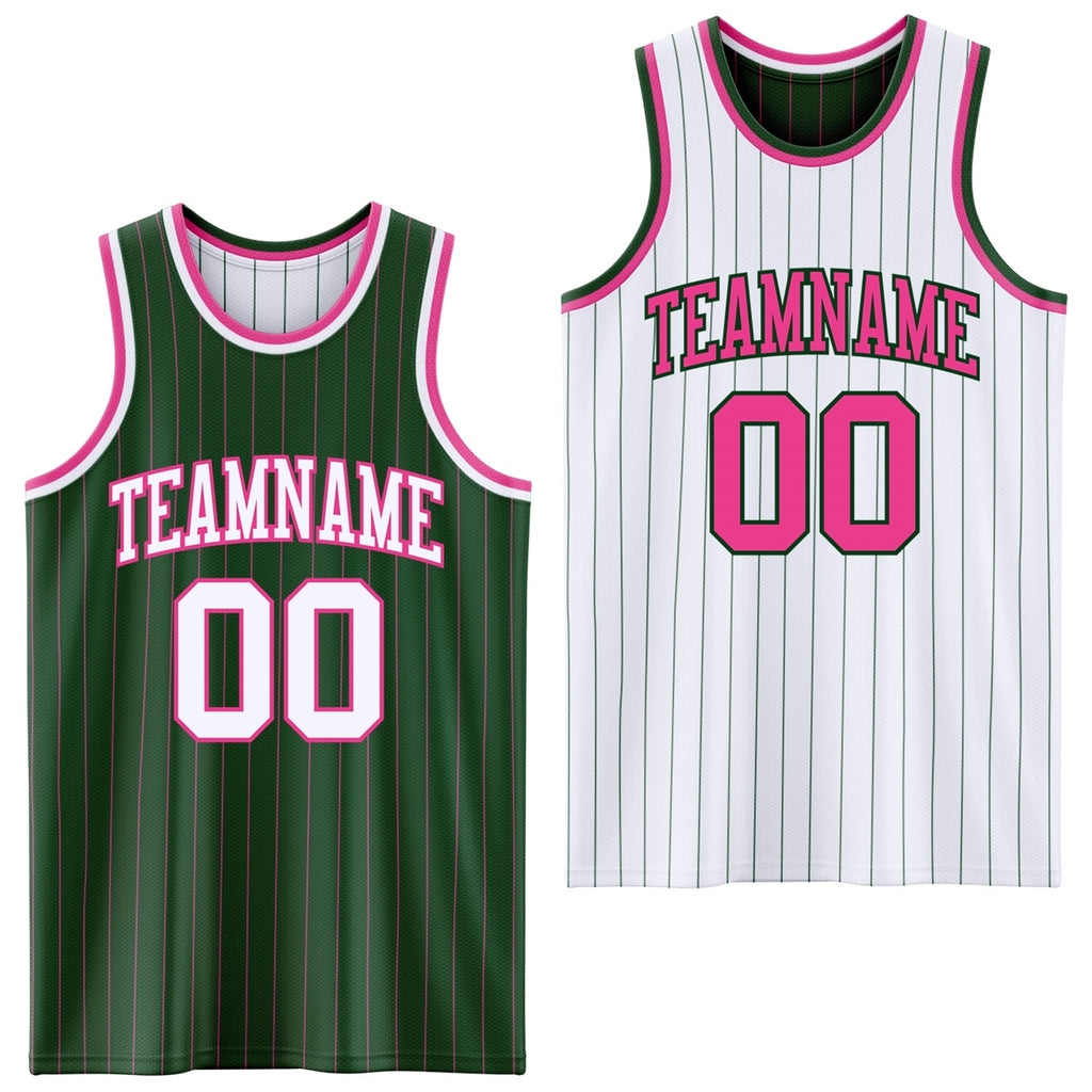 Custom Green Pink Pinstripe-White Reversible Double Side Sublimation Basketball Set Jersey