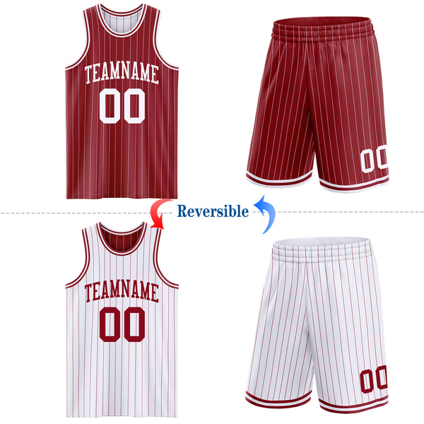 Custom Maroon White Pinstripe Reversible Double Side Sublimation Basketball Set Jersey