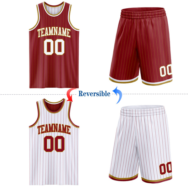 Custom Maroon Old Gold Pinstripe-White Reversible Double Side Sublimation Basketball Set Jersey