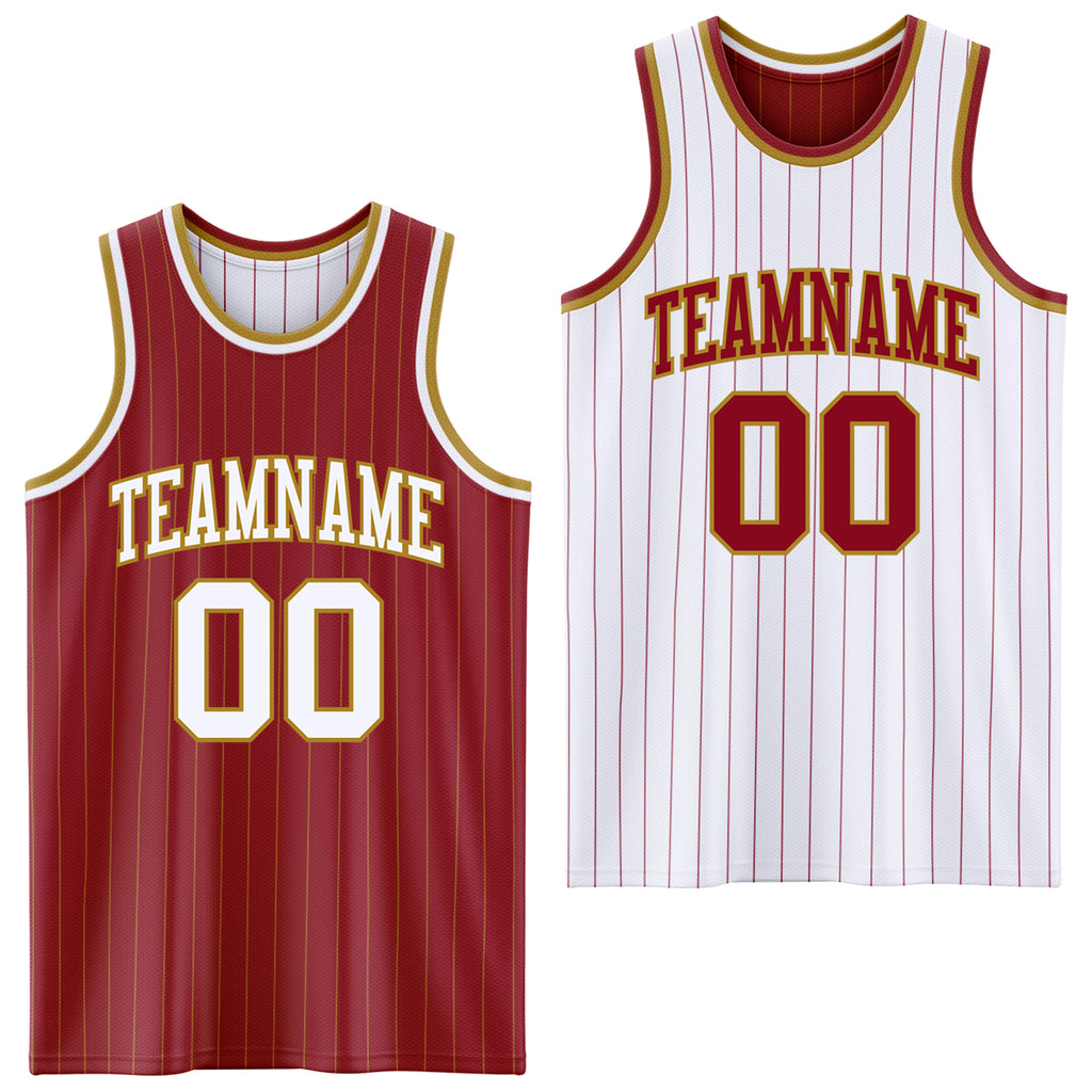 Custom Maroon Old Gold Pinstripe-White Reversible Double Side Sublimation Basketball Set Jersey