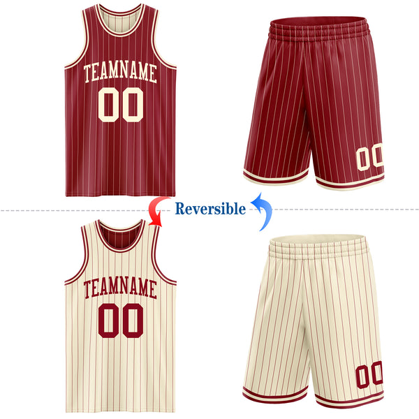 Custom Maroon Cream Pinstripe Reversible Double Side Sublimation Basketball Set Jersey