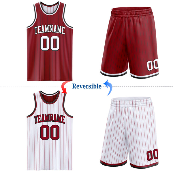 Custom Maroon Black Pinstripe-White Reversible Double Side Sublimation Basketball Set Jersey