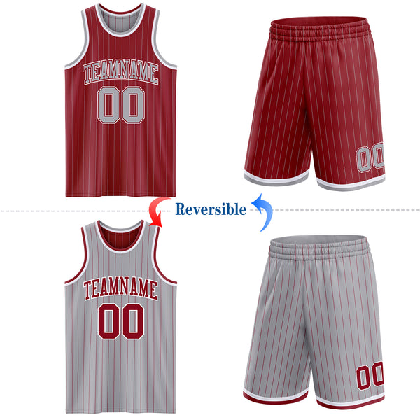 Custom Maroon Gray Pinstripe-White Reversible Double Side Sublimation Basketball Set Jersey