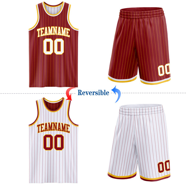 Custom Maroon Gold Pinstripe-White Reversible Double Side Sublimation Basketball Set Jersey