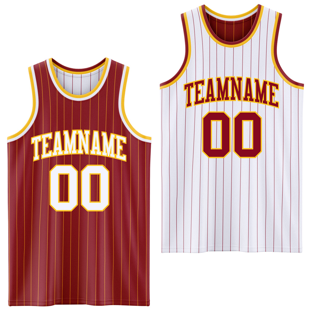 Custom Maroon Gold Pinstripe-White Reversible Double Side Sublimation Basketball Set Jersey