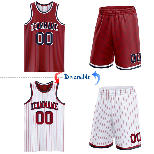 Custom Maroon Navy Pinstripe-White Reversible Double Side Sublimation Basketball Set Jersey