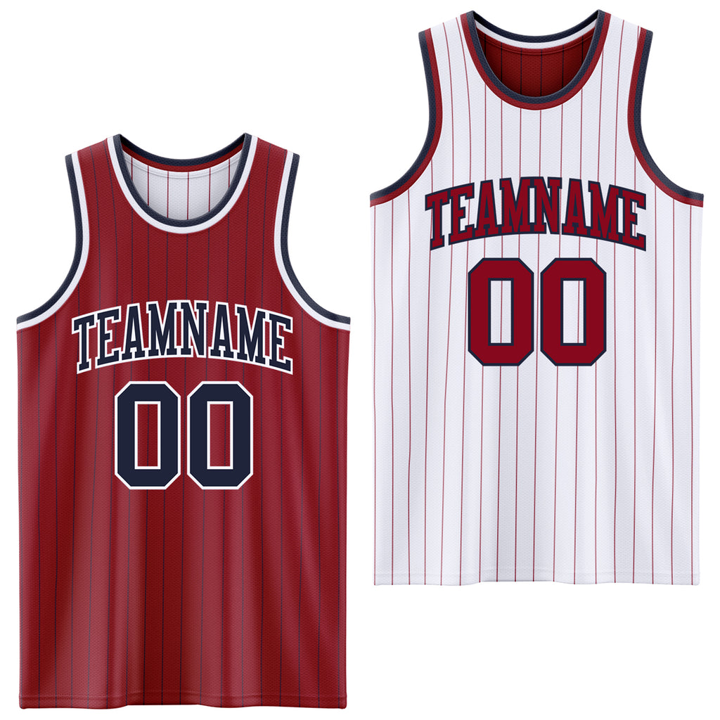 Custom Maroon Navy Pinstripe-White Reversible Double Side Sublimation Basketball Set Jersey