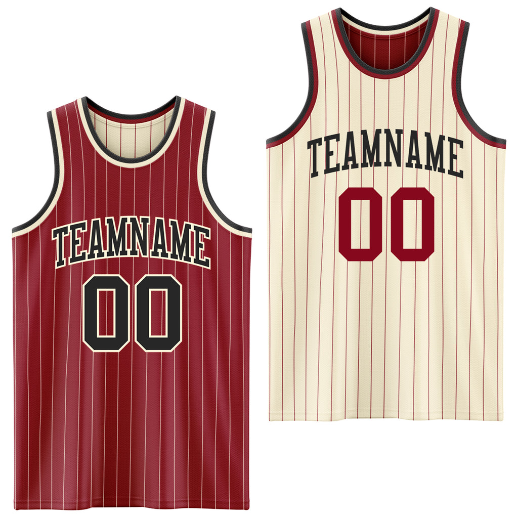 Custom Maroon Cream Pinstripe-Black Reversible Double Side Sublimation Basketball Set Jersey