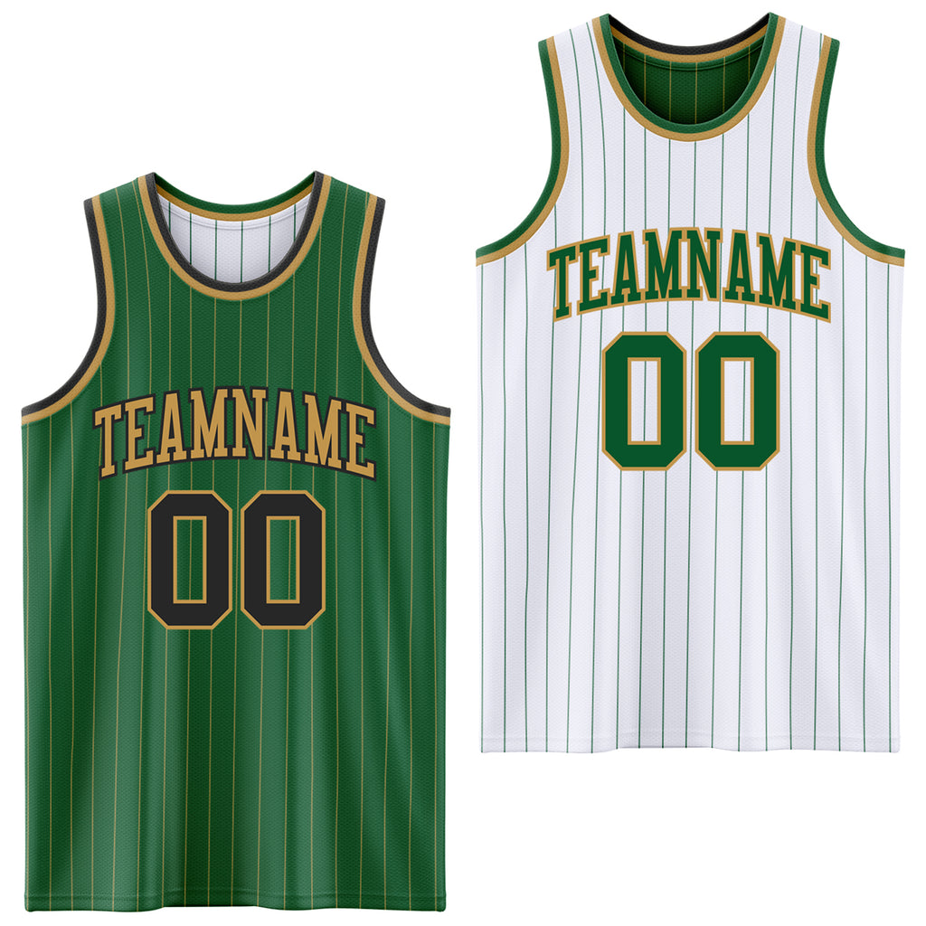 Custom Kelly Green Old Gold Pinstripe-Black Reversible Double Side Sublimation Basketball Set Jersey