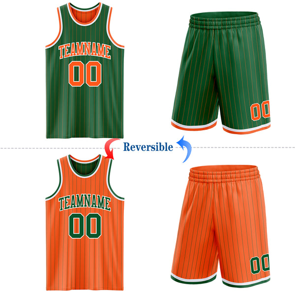 Custom Kelly Green Orange Pinstripe-White Reversible Double Side Sublimation Basketball Set Jersey