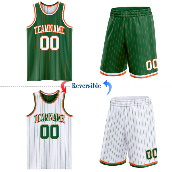 Custom Kelly Green Orange Pinstripe-White Reversible Double Side Sublimation Basketball Set Jersey