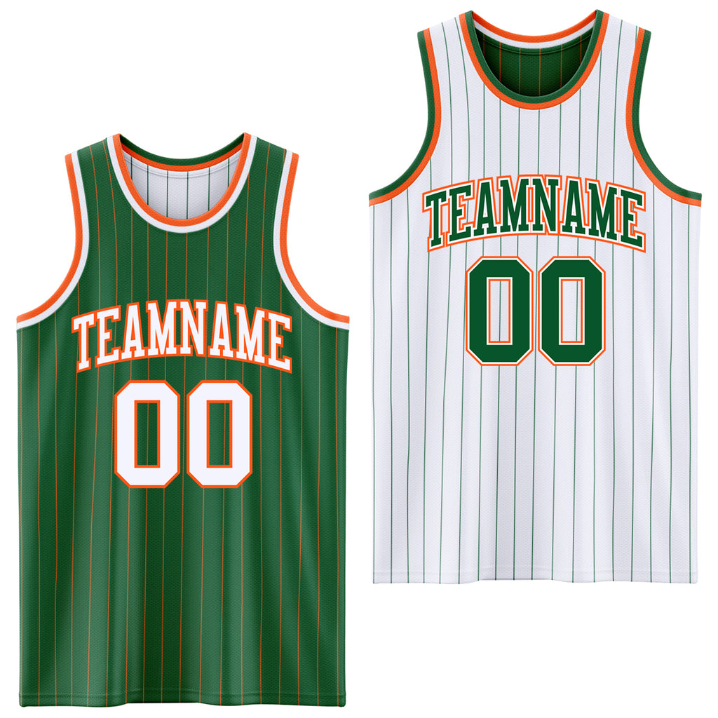 Custom Kelly Green Orange Pinstripe-White Reversible Double Side Sublimation Basketball Set Jersey