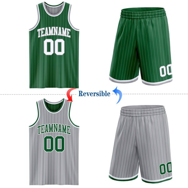Custom Kelly Green Gray Pinstripe-White Reversible Double Side Sublimation Basketball Set Jersey