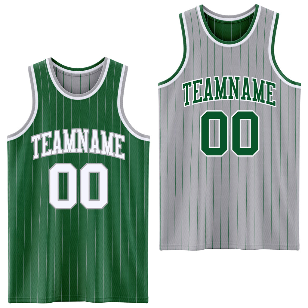 Custom Kelly Green Gray Pinstripe-White Reversible Double Side Sublimation Basketball Set Jersey