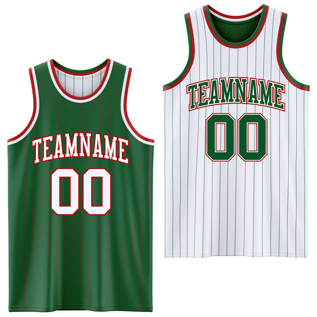 Custom Kelly Green Red Pinstripe-White Reversible Double Side Sublimation Basketball Set Jersey