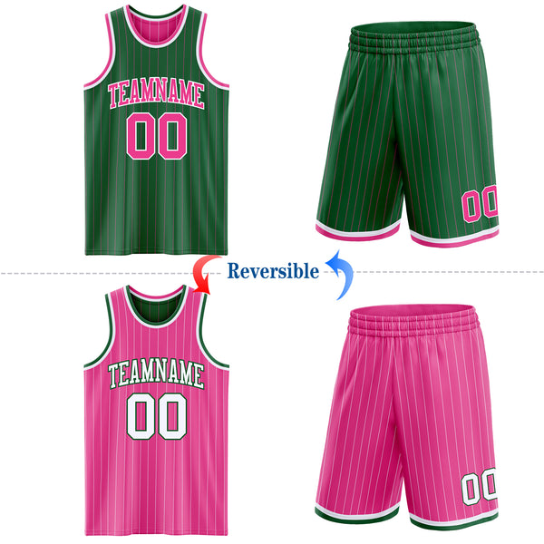 Custom Kelly Green Pink Pinstripe-White Reversible Double Side Sublimation Basketball Set Jersey