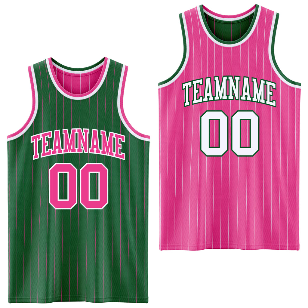 Custom Kelly Green Pink Pinstripe-White Reversible Double Side Sublimation Basketball Set Jersey