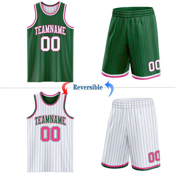 Custom Kelly Green Pink Pinstripe-White Reversible Double Side Sublimation Basketball Set Jersey