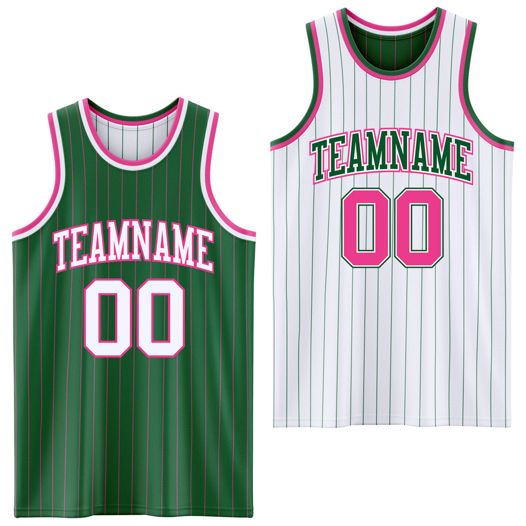 Custom Kelly Green Pink Pinstripe-White Reversible Double Side Sublimation Basketball Set Jersey