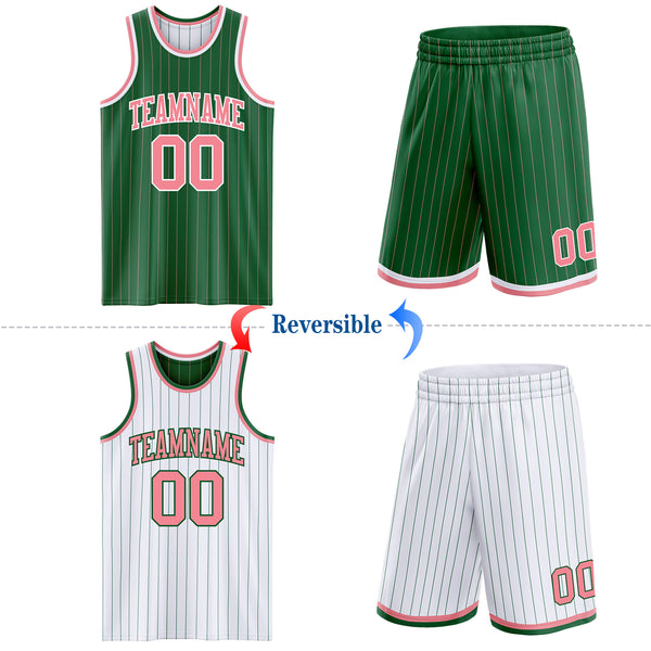 Custom Kelly Green Medium Pink Pinstripe-White Reversible Double Side Sublimation Basketball Set Jersey