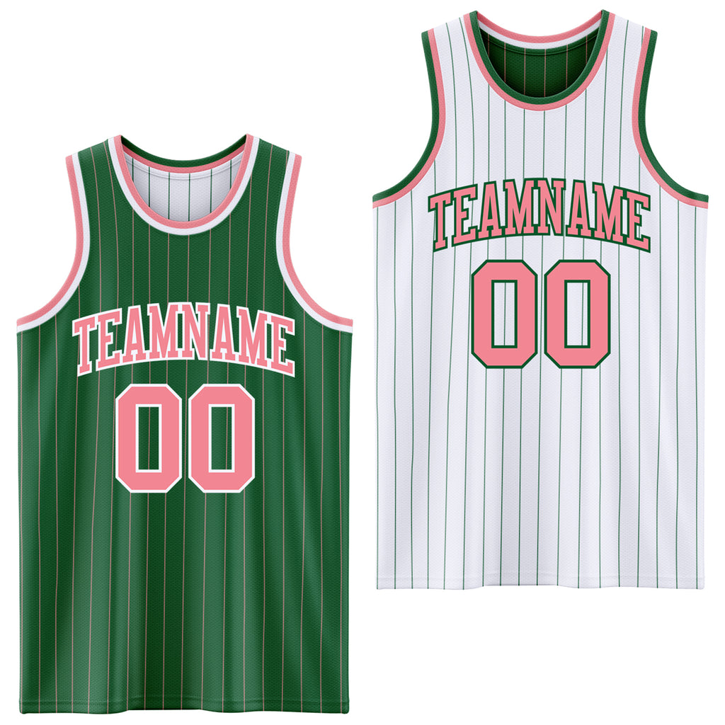 Custom Kelly Green Medium Pink Pinstripe-White Reversible Double Side Sublimation Basketball Set Jersey