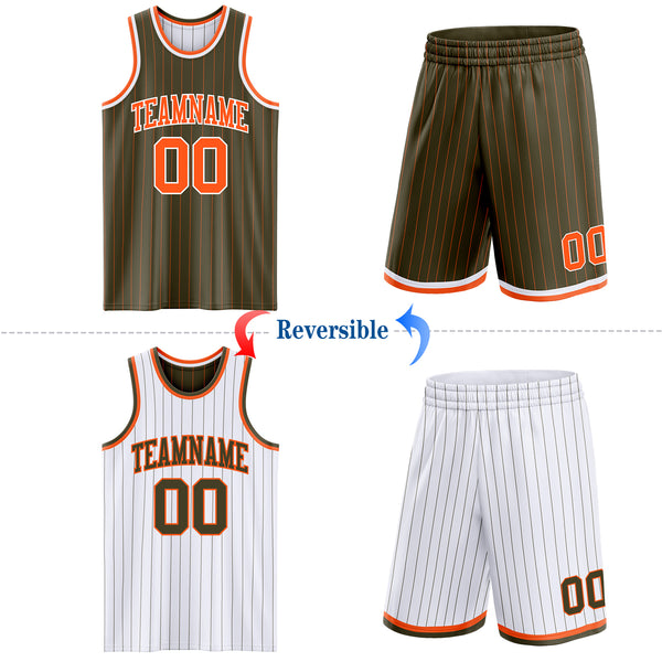 Custom Olive Orange Pinstripe-White Reversible Double Side Sublimation Basketball Set Jersey