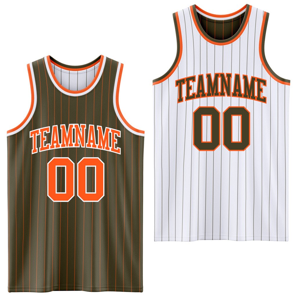 Custom Olive Orange Pinstripe-White Reversible Double Side Sublimation Basketball Set Jersey