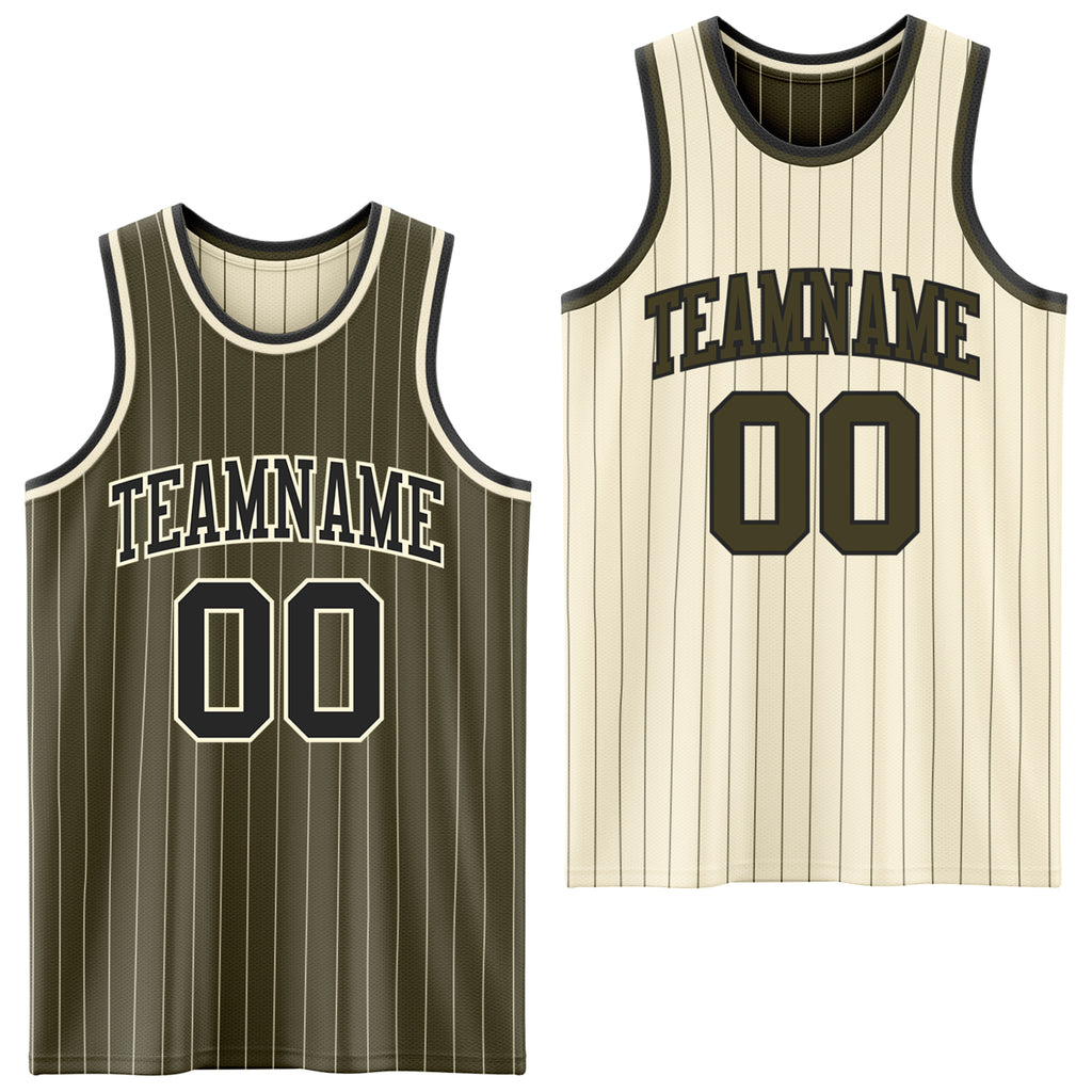 Custom Olive Cream Pinstripe-Black Reversible Double Side Sublimation Basketball Set Jersey
