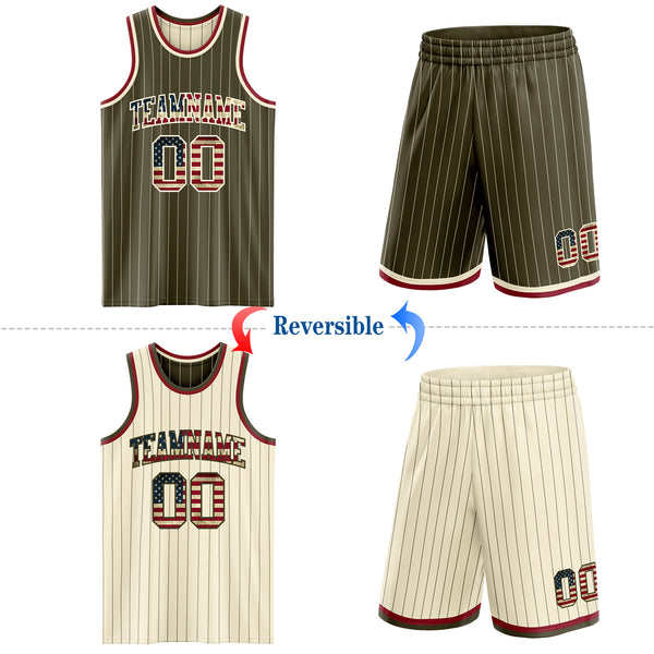 Custom Olive Cream Pinstripe Vintage USA Flag-Maroon Reversible Double Side Sublimation Basketball Set Jersey