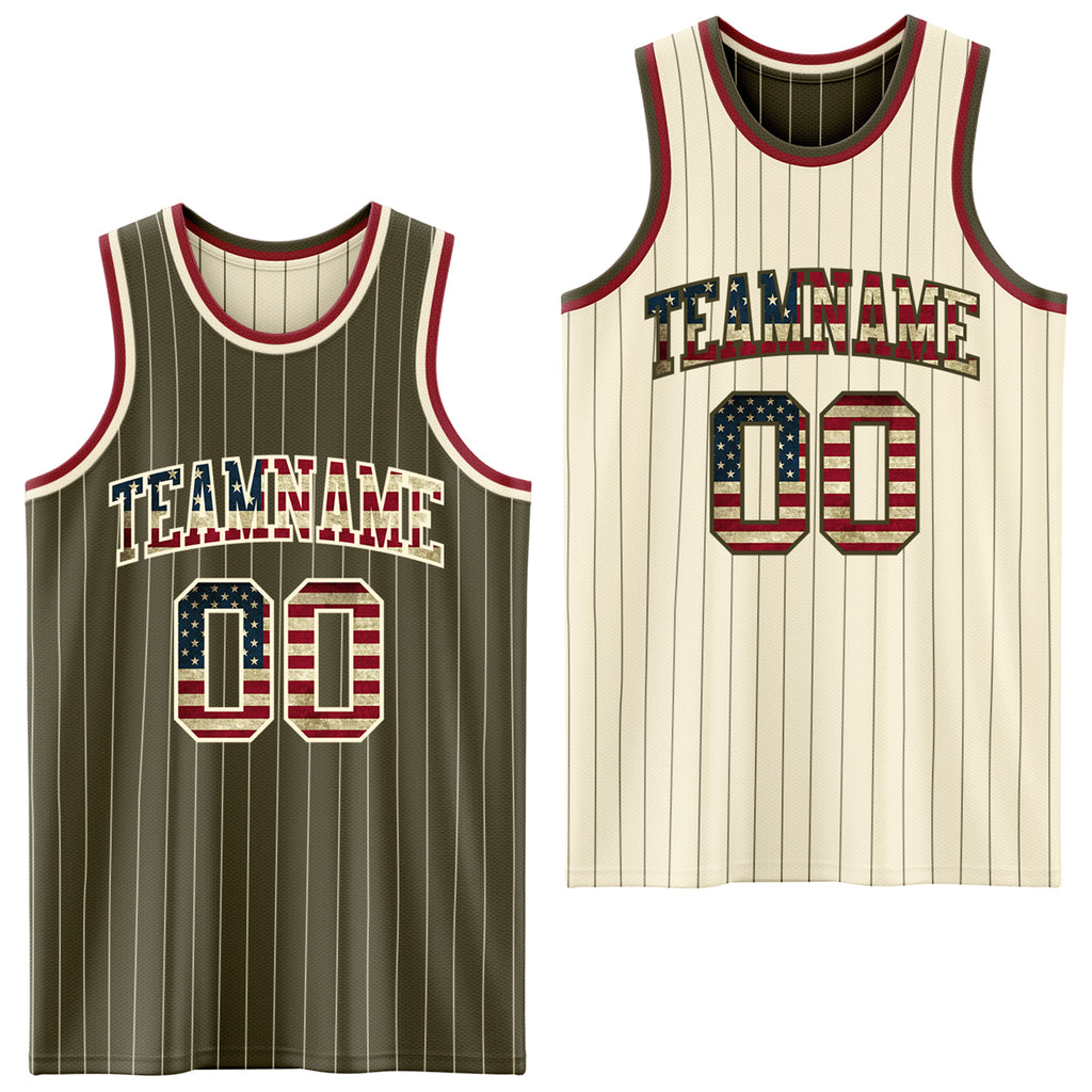Custom Olive Cream Pinstripe Vintage USA Flag-Maroon Reversible Double Side Sublimation Basketball Set Jersey