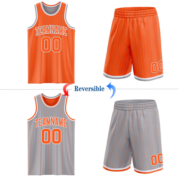 Custom Orange Gray Pinstripe-White Reversible Double Side Sublimation Basketball Set Jersey
