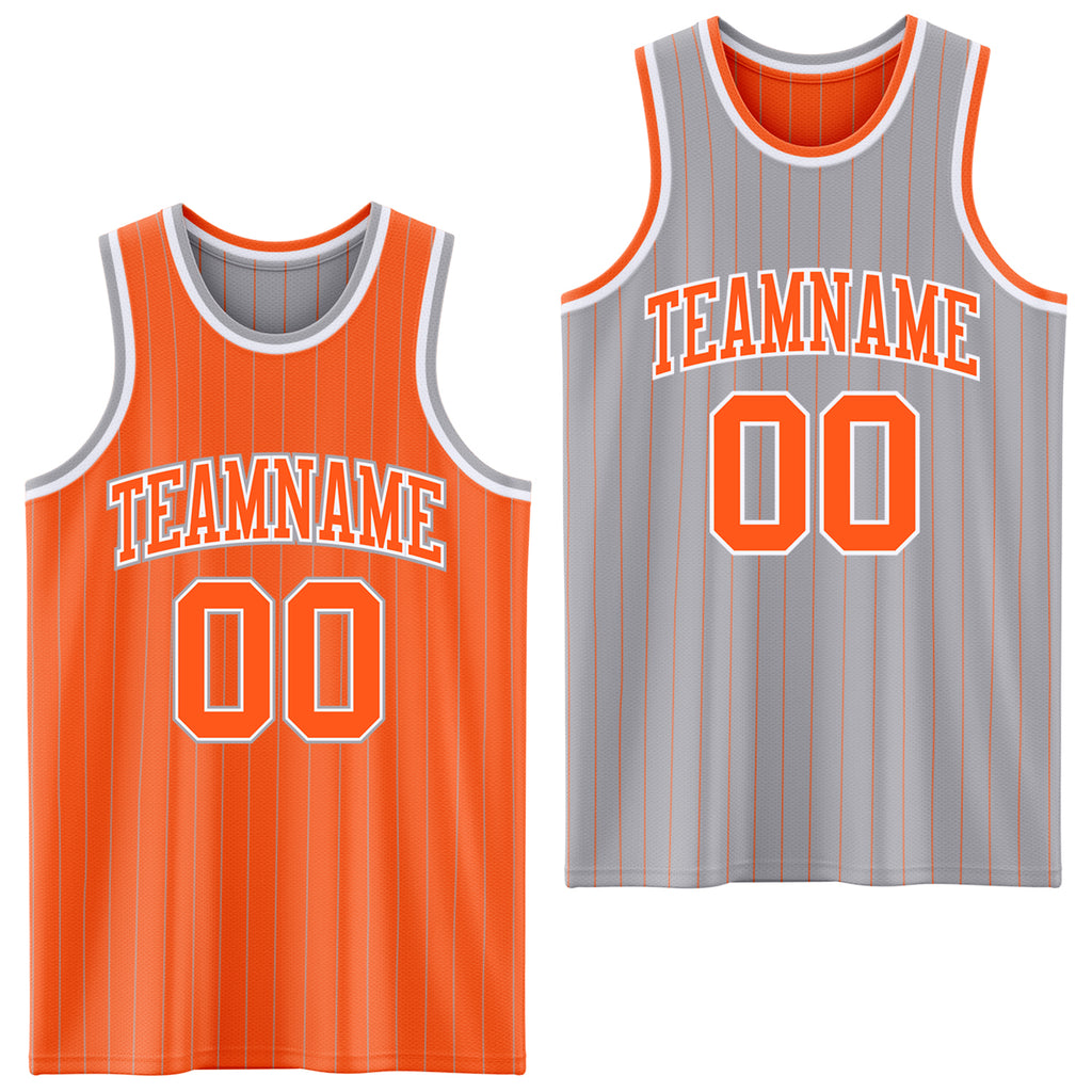 Custom Orange Gray Pinstripe-White Reversible Double Side Sublimation Basketball Set Jersey