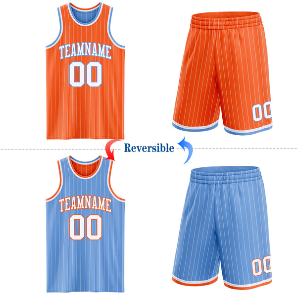 Custom Orange White Pinstripe-Light Blue Reversible Double Side Sublimation Basketball Set Jersey