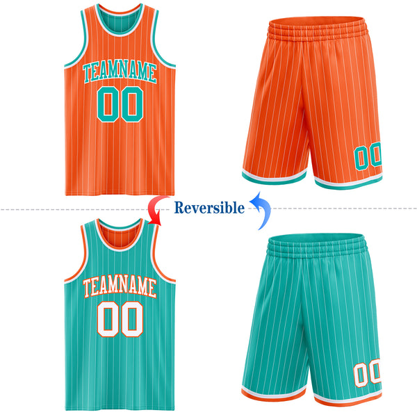 Custom Orange White Pinstripe-Aqua Reversible Double Side Sublimation Basketball Set Jersey