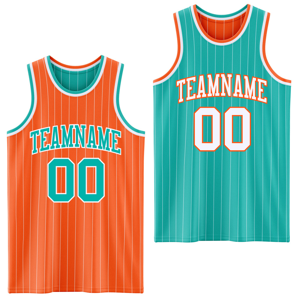 Custom Orange White Pinstripe-Aqua Reversible Double Side Sublimation Basketball Set Jersey