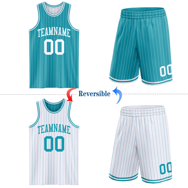 Custom Teal White Pinstripe Reversible Double Side Sublimation Basketball Set Jersey